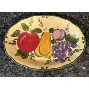 Vtg Home Trends Granada Oval Serving Platter Hand Painted Fruit on Tan 9” x 13”